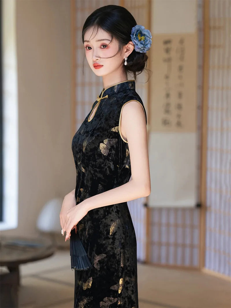Qipao dress Hong Kong style in black velvet with golden butterfly pattern