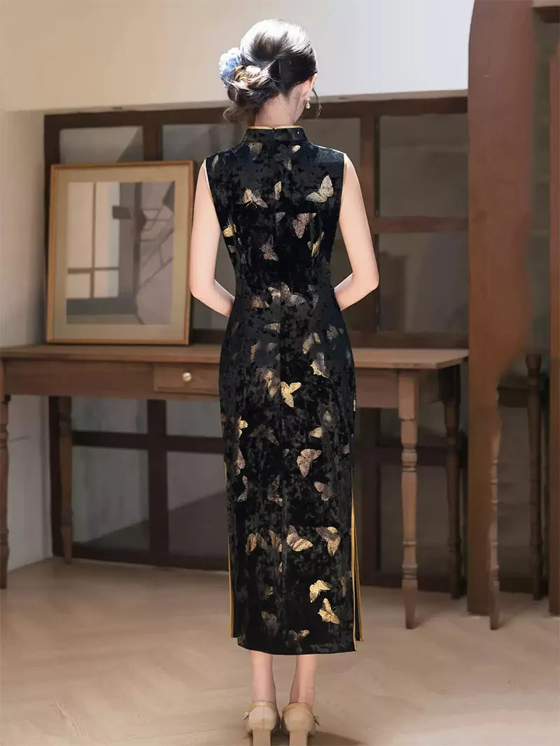 Qipao dress Hong Kong style in black velvet with golden butterfly pattern
