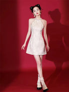 Elegant Qipao Dress Modern white halter design, short Chinese dress for women