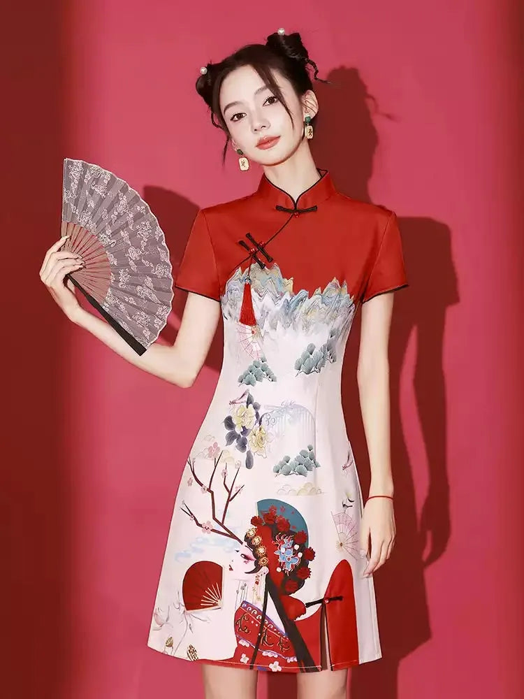 Stunning Qipao Modern 2025 | Elegant Short Red Chinese Dress