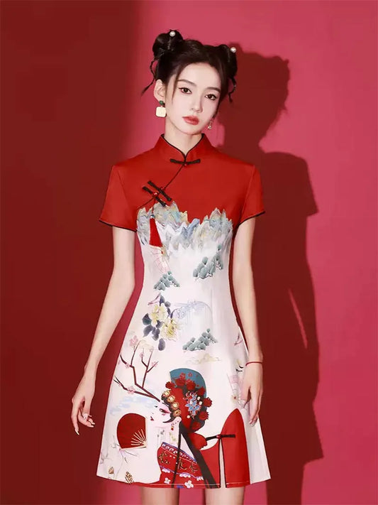 Stunning Qipao Modern 2025 | Elegant Short Red Chinese Dress