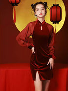 Elegant Qipao Red Dress , long sleeve Chinese outfit for women