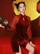 Elegant Qipao Red Dress , long sleeve Chinese outfit for women