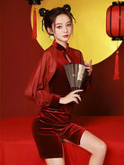 Elegant Qipao Red Dress , long sleeve Chinese outfit for women