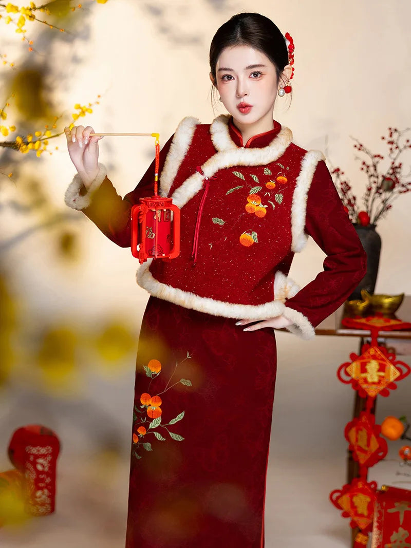 Qipao Suit festive red dress with persimmon embroidery meaning good fortune