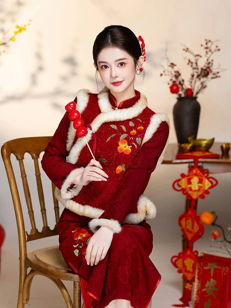 Qipao Suit festive red dress with persimmon embroidery meaning good fortune