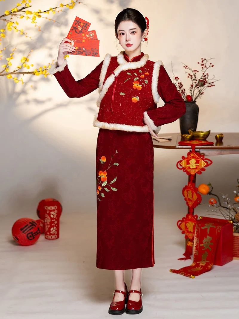 Qipao Suit festive red dress with persimmon embroidery meaning good fortune