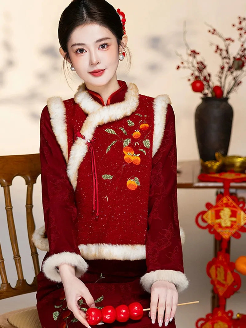 Qipao Suit festive red dress with persimmon embroidery meaning good fortune