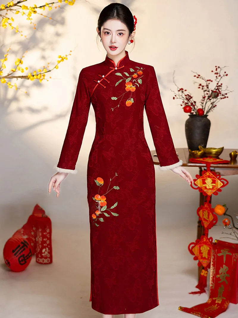 Qipao Suit festive red dress with persimmon embroidery meaning good fortune
