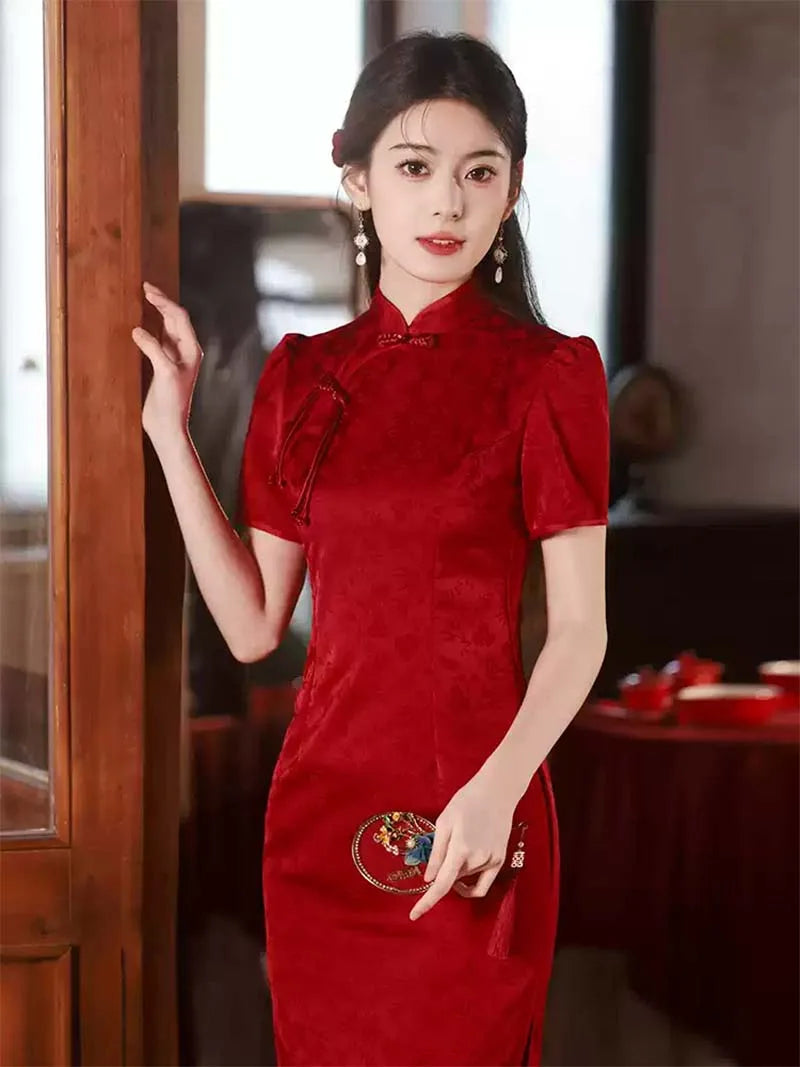 Qipao Traditional Chinese Wedding Dress | Red Bridal Cheongsam Gown