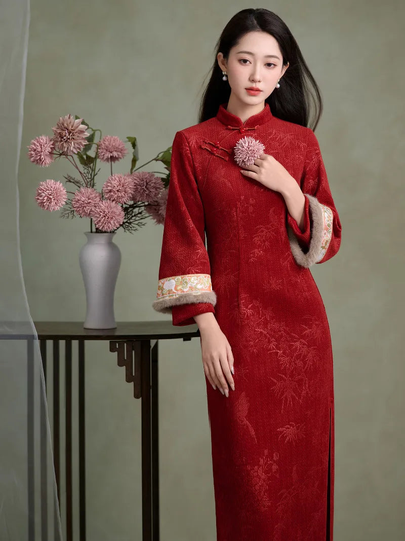 Red cheongsam dress with long sleeves winter red qipao dress