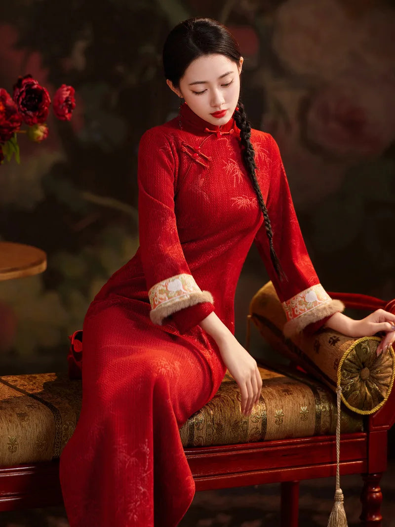 Red cheongsam dress with long sleeves winter red qipao dress