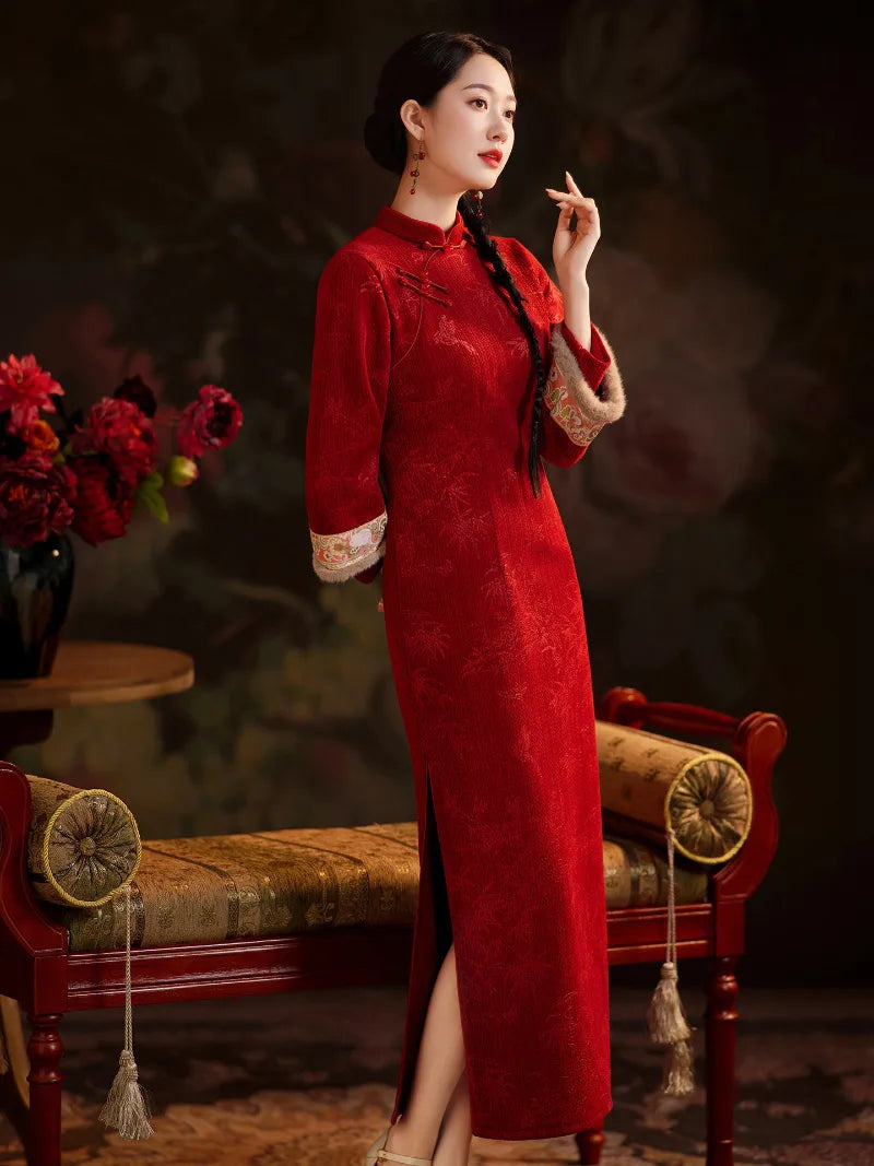 Red cheongsam dress with long sleeves winter red qipao dress