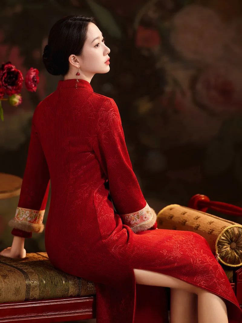 Red cheongsam dress with long sleeves winter red qipao dress