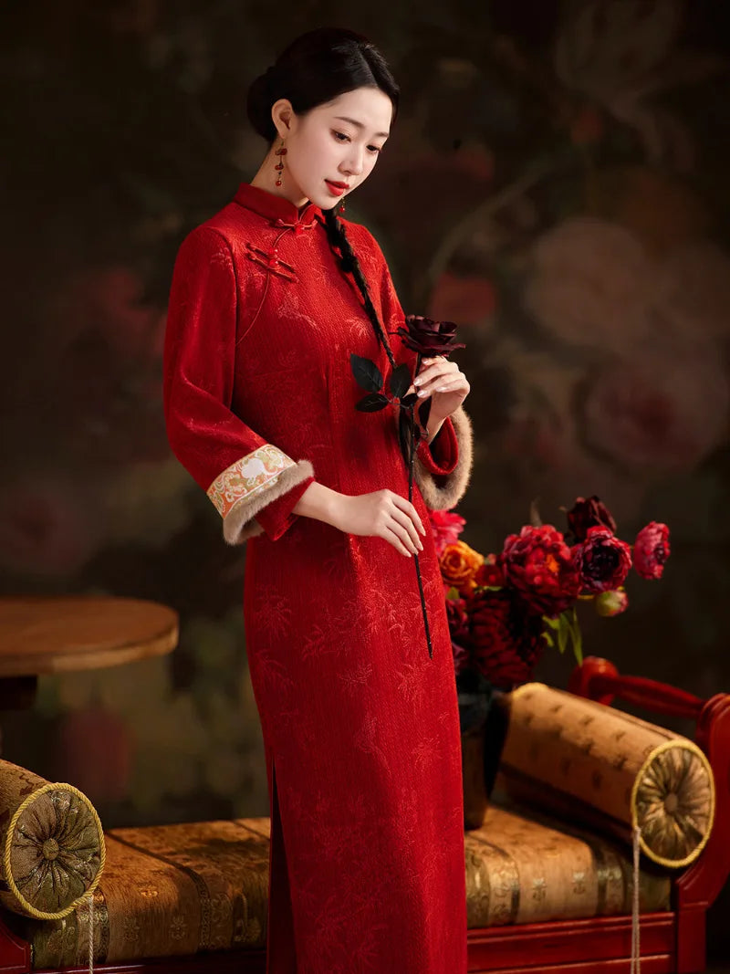 Red cheongsam dress with long sleeves winter red qipao dress