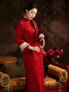 Red cheongsam dress with long sleeves winter red qipao dress