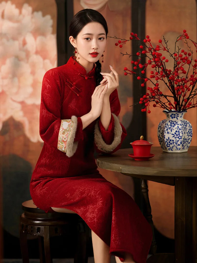 Red cheongsam dress with long sleeves winter red qipao dress