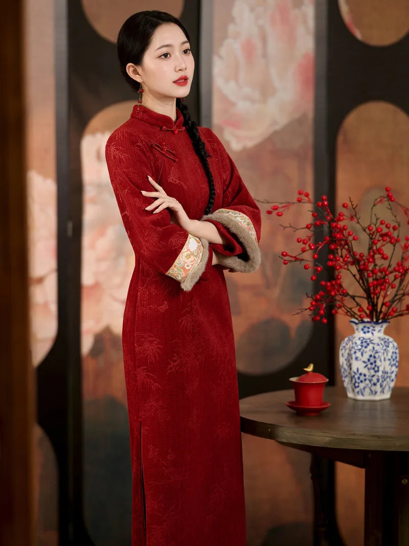 Red cheongsam dress with long sleeves winter red qipao dress