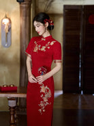Red qipao dress bridal toast gown with elegant embroidery and slim waist design
