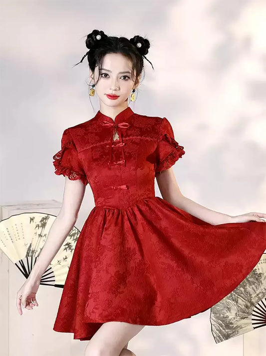 Red Qipao Wedding Dress modern Chinese cheongsam for brides and petite women
