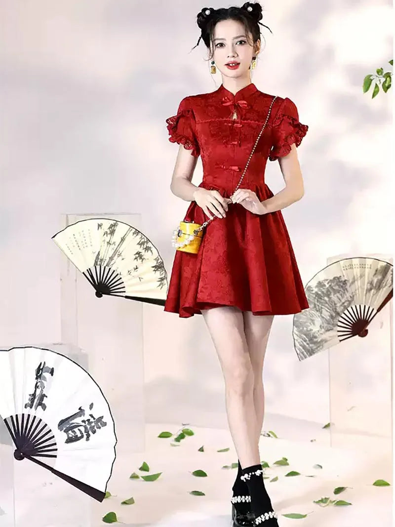 Red Qipao Wedding Dress modern Chinese cheongsam for brides and petite women