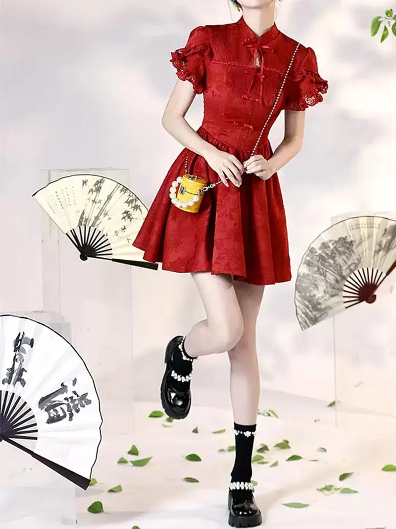 Red Qipao Wedding Dress modern Chinese cheongsam for brides and petite women