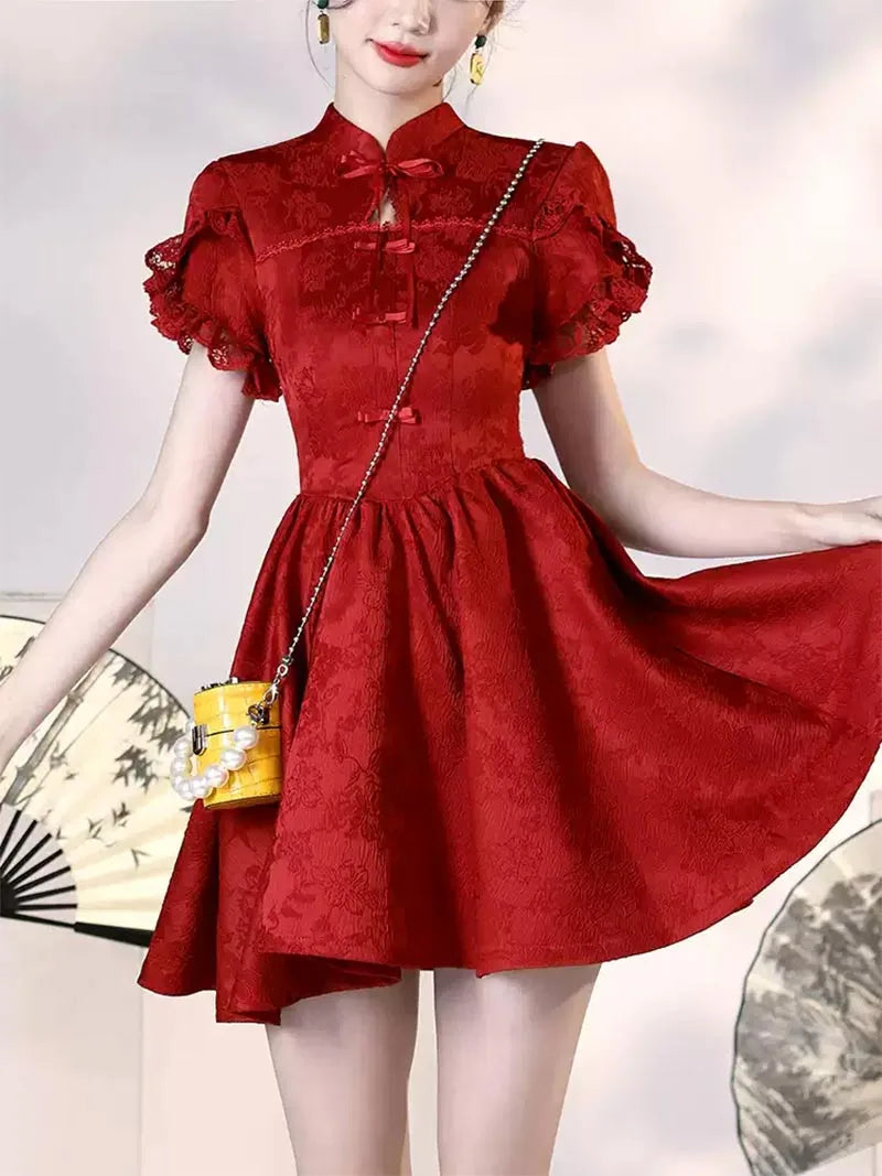 Red Qipao Wedding Dress modern Chinese cheongsam for brides and petite women