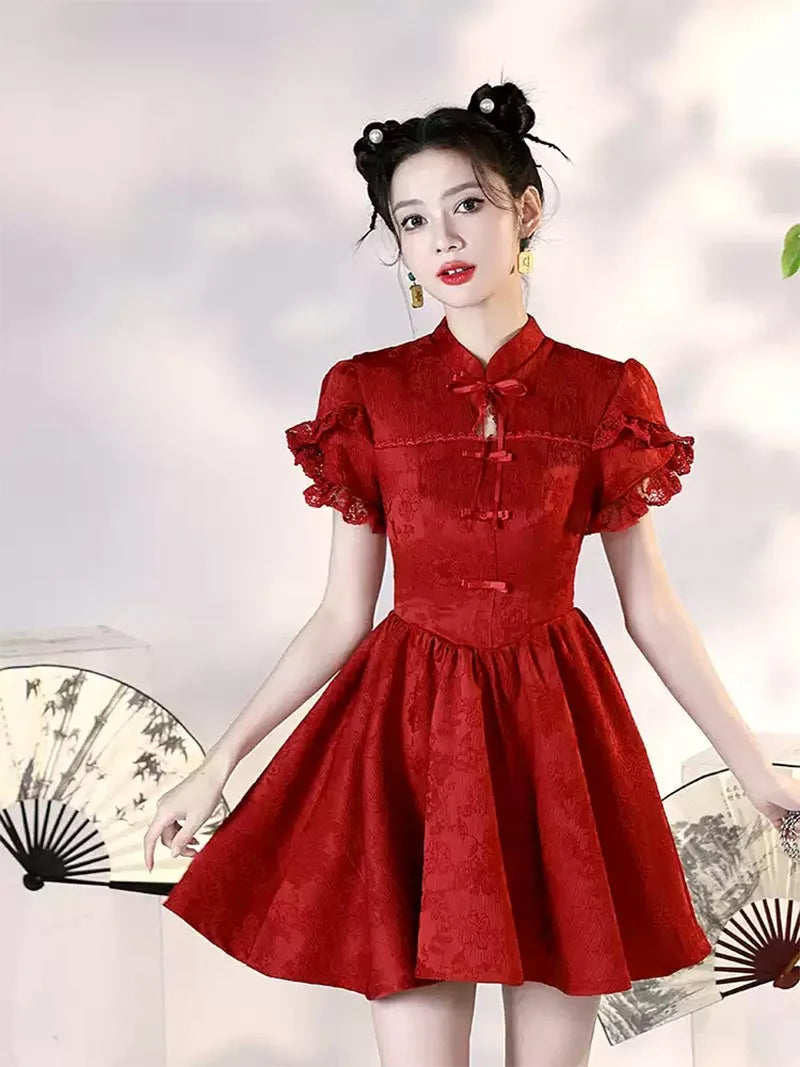 Red Qipao Wedding Dress modern Chinese cheongsam for brides and petite women