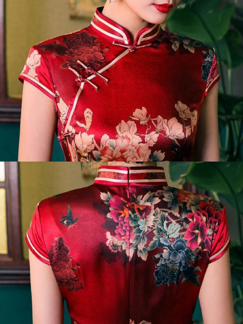 Premium 19 mome mulberry Silk Red Tea Ceremony Qipao – Slim Fit Bridal Cheongsam