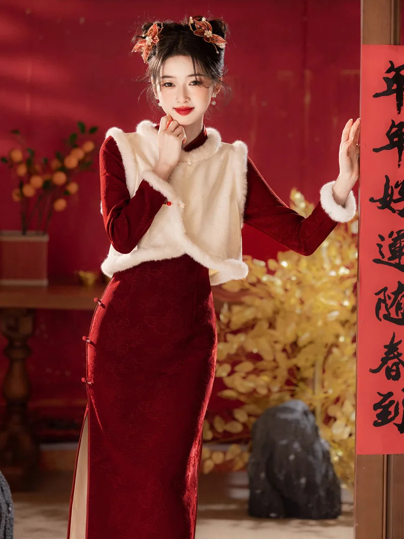 Red winter qipao with classic collar and elegant floral design for New Year celebrations