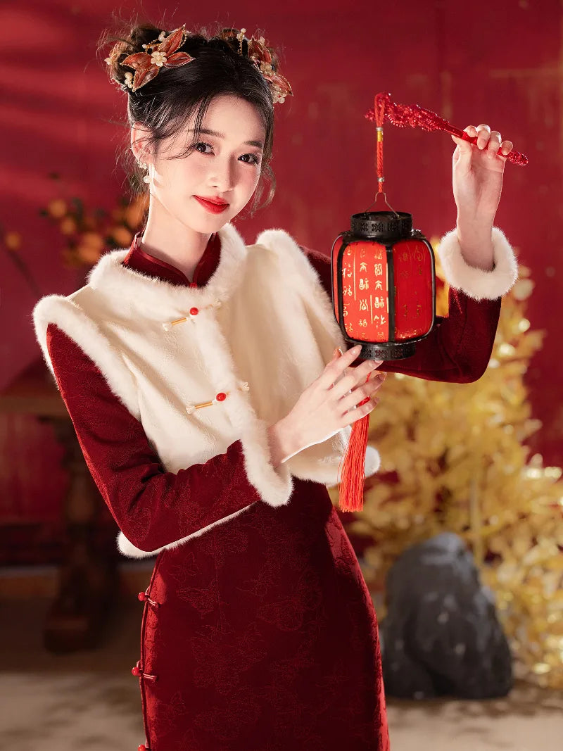 Red winter qipao with classic collar and elegant floral design for New Year celebrations