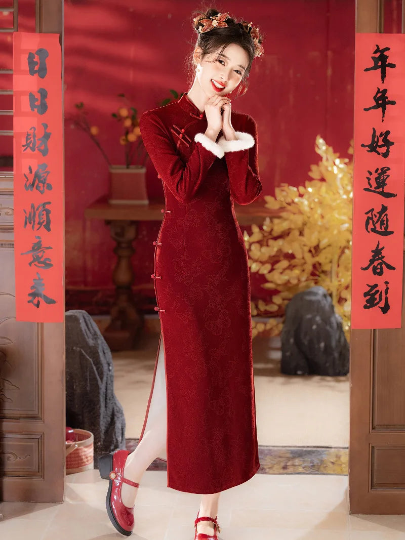 Red winter qipao with classic collar and elegant floral design for New Year celebrations