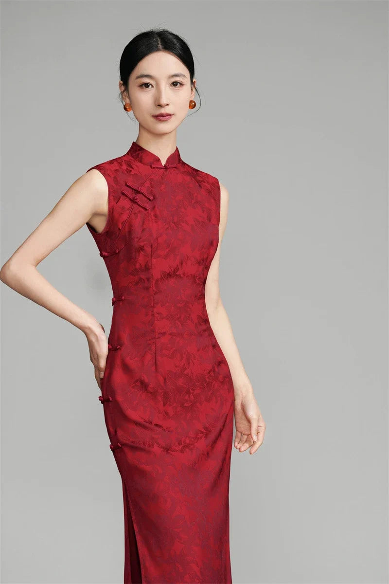 Red Sleeveless Floral Jacquard Cheongsam Qipao Dress