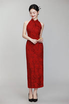 Red Halter Neck Floral Jacquard Long Qipao