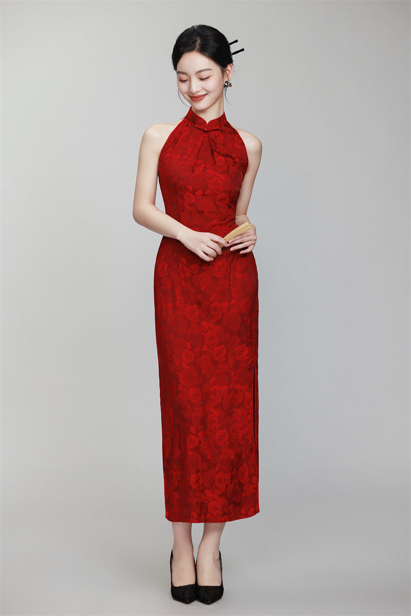 Red Halter Neck Floral Jacquard Long Qipao