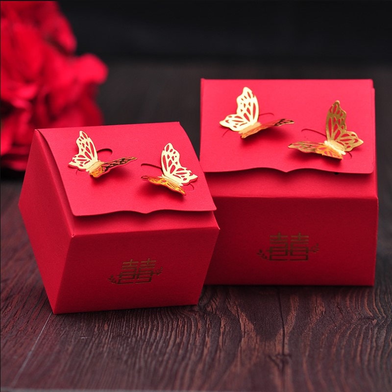 Red Double Happiness 3D Butterfly Wedding Favor Boxes (20PCS)