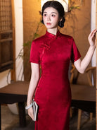 Red Floral Acetate Jacquard Short Sleeve Bridal Qipao Dress