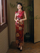 Red Cap Sleeves Floral Silk Qipao | Peony