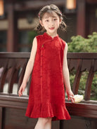 Red Floral Summer Sleeveless Qipao Dress for Girls