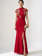 Red Floral Thigh-High Slit Floor Length Mermaid Qipao Dress | Rosy