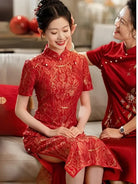 Red Floral Gilded Lace Bridal Qipao Dress