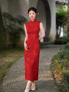 Red Jacquard Sleeveless Modern Qipao Dress