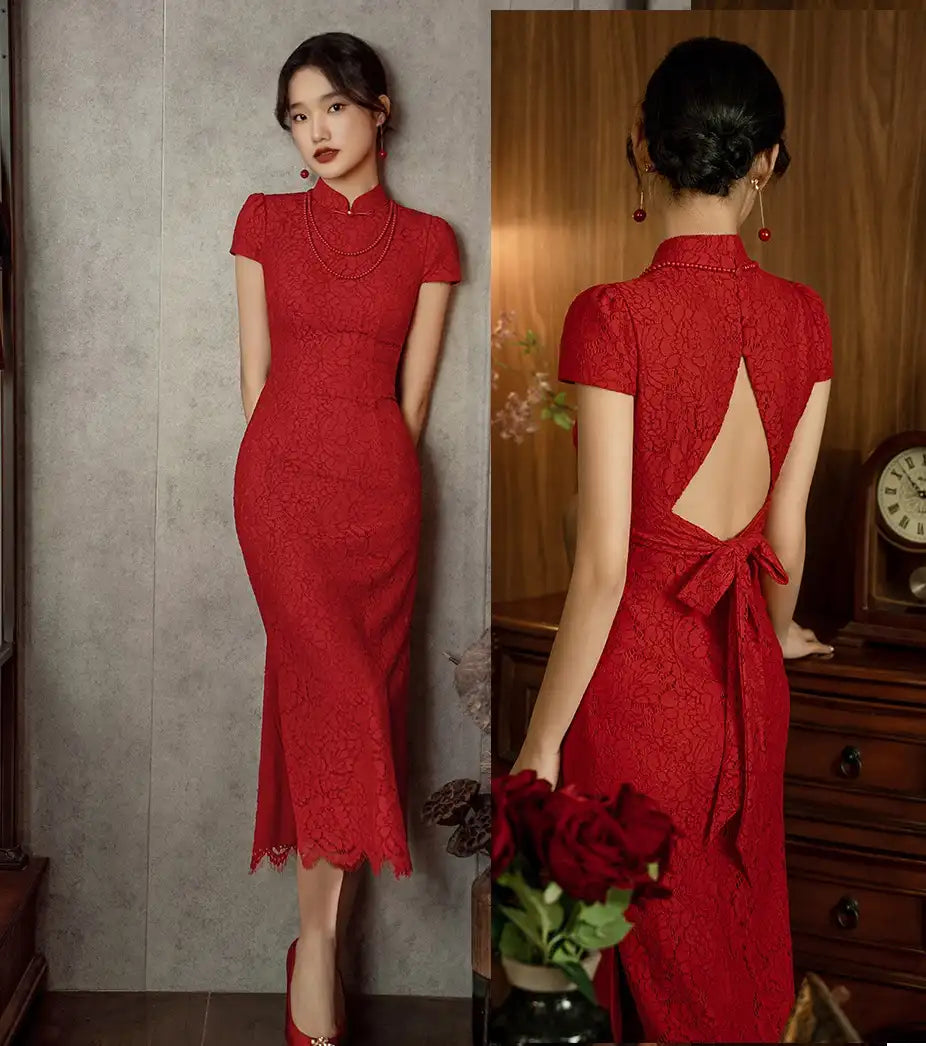 Red Lace Open Back Cheongsam Wedding Dress | Modern Qipao for Bride