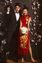 Red Chinese Qipao Cheongsam Dress with Golden Phoenix Embroidery