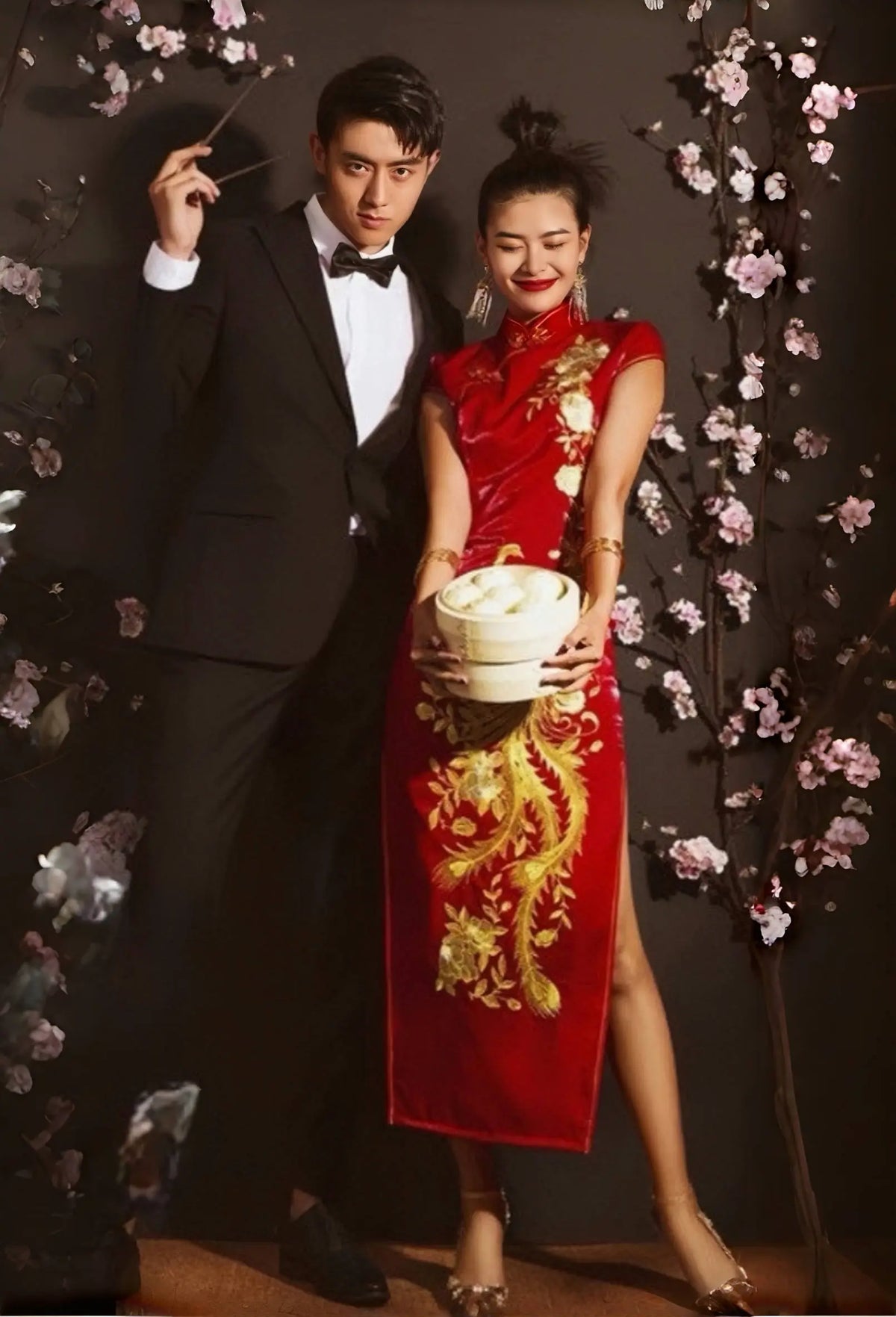 Red Chinese Qipao Cheongsam Dress with Golden Phoenix Embroidery