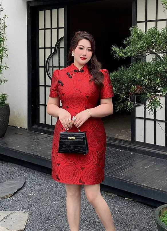Red Plus Size Modern Rose Jacquard Qipao