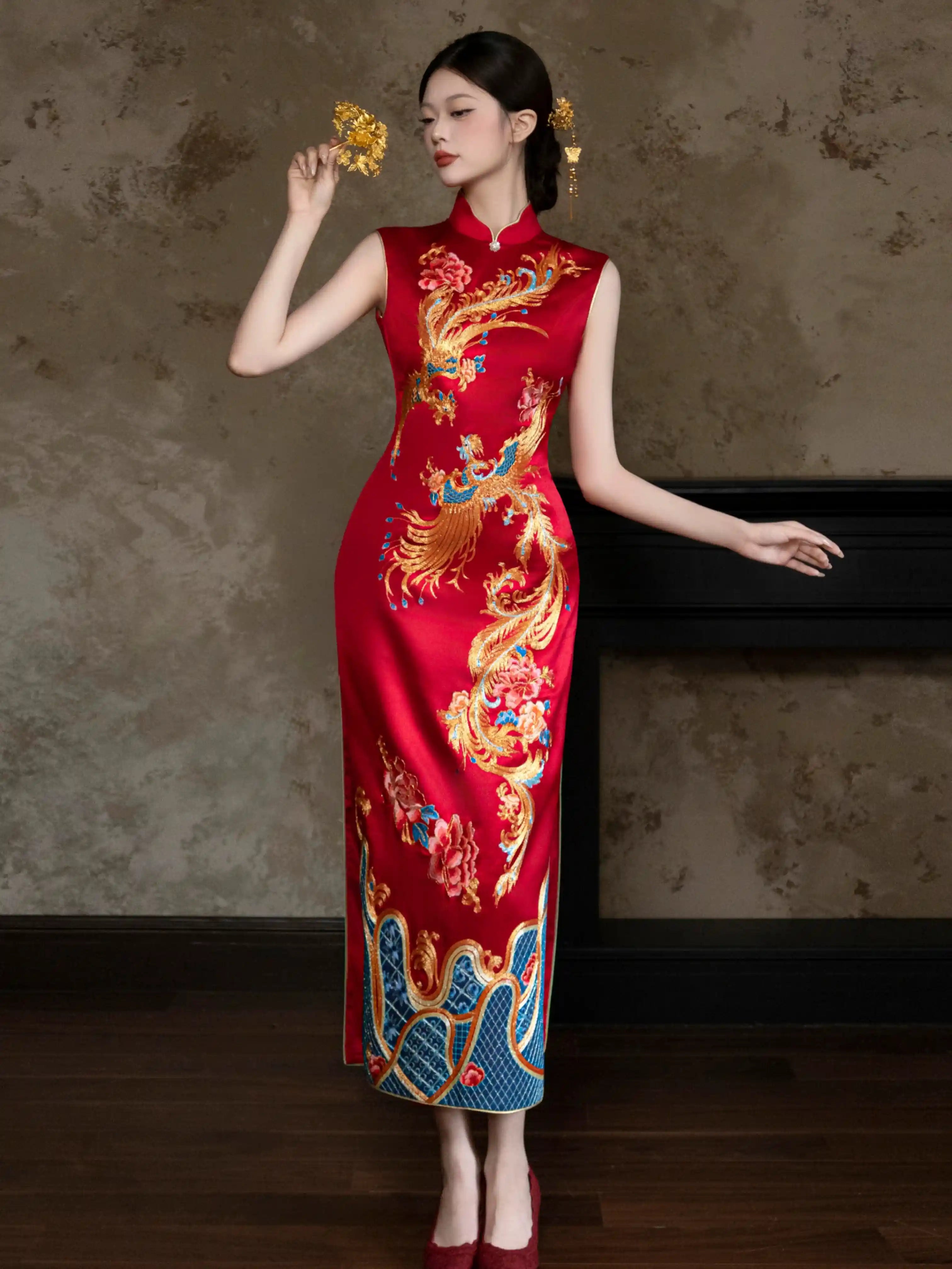 Red Satin Sleeveless Phoenix & Peony Embroidered Bridal Qipao