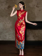 Red Satin Sleeveless Phoenix & Peony Embroidered Bridal Qipao