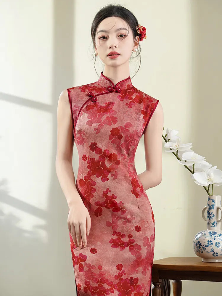 Red Sleeveless Floral Qipao Dress | Blossom