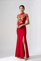 Red and Golden Bird & Peony Mermaid Qipao-Modern Chinese Wedding Tea Ceremony Gown